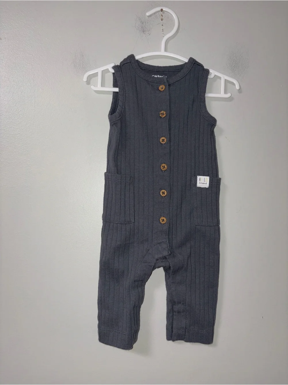 Carters Gray Ribbed Sleeveless Jumpsuit Romper Buttons Snap Pockets Boys 3M